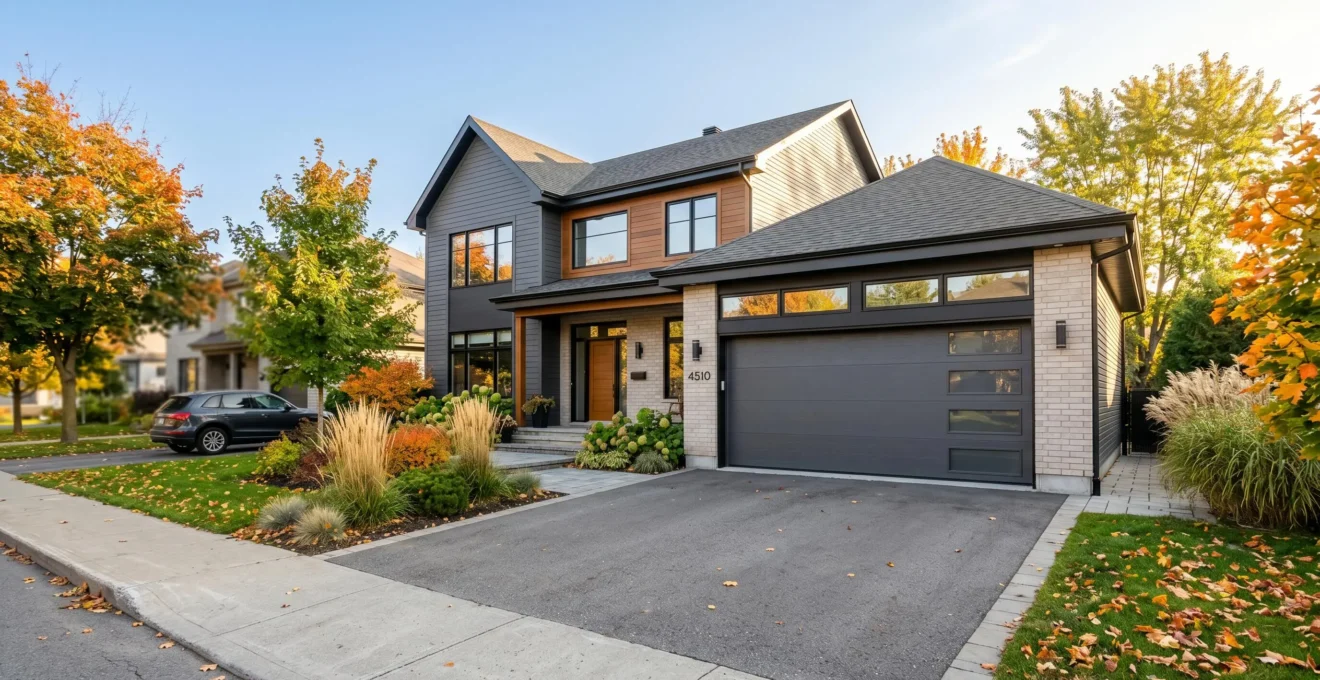 Résidence contemporaine de la Rive-Sud de Montréal avec porte de garage sectionnelle moderne nouvellement installée, harmonieusement intégrée à l'architecture, par journée ensoleillée.