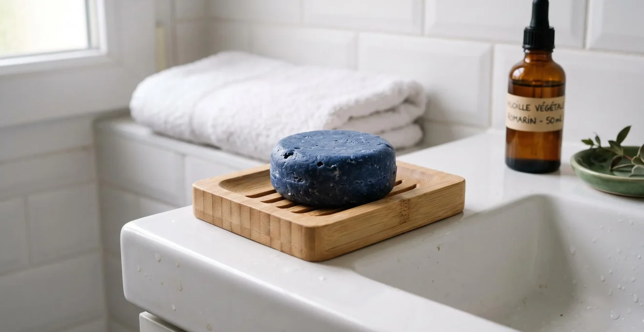 Shampoing solide bleu posé sur un porte-savon drainant en bambou naturel, sur le rebord d'un lavabo blanc moderne avec serviette pliée en arrière-plan