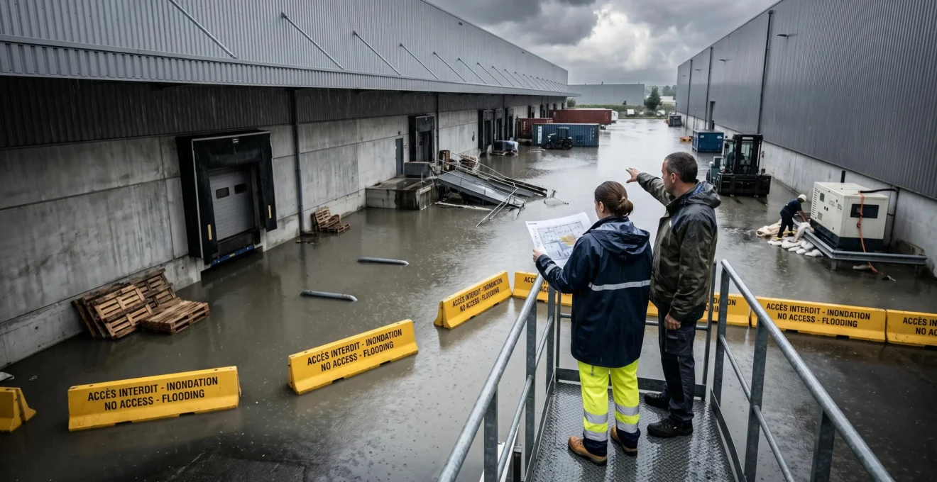 Site industriel avec équipes sécurisant les équipements pendant une intempérie, illustrant l'impact concret des risques climatiques sur l'activité économique
