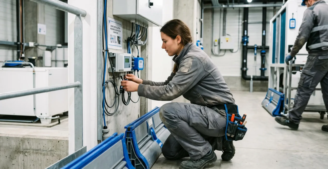 Technicien installant des équipements de protection climatique dans une installation professionnelle