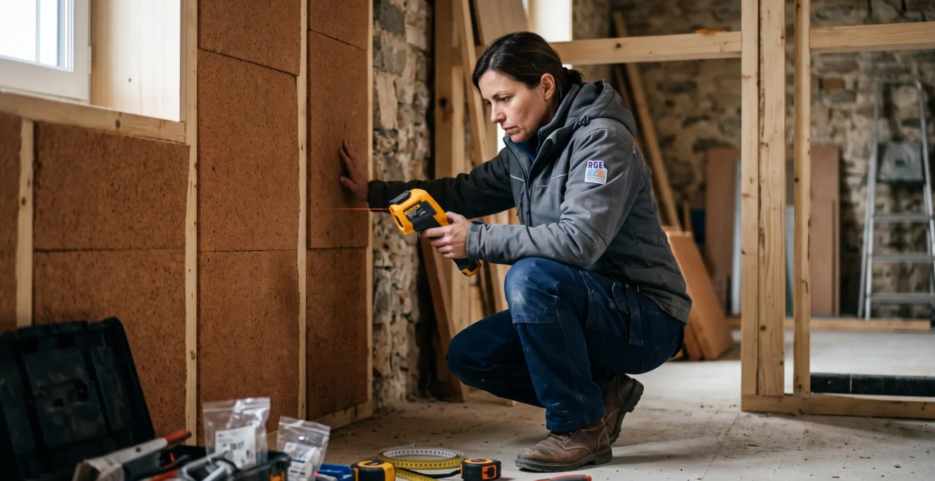 Technicien RGE mesurant l'isolation thermique d'un mur avec appareil digital sur chantier de rénovation avec laine de bois visible