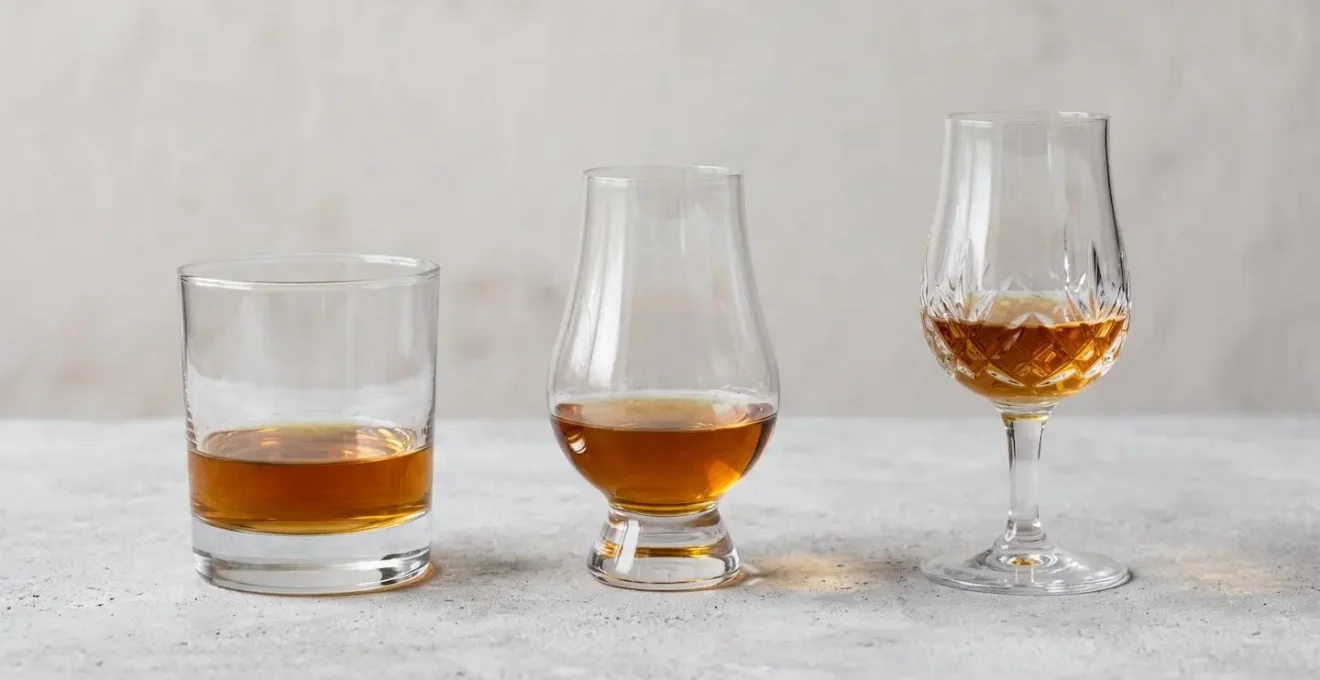 Trois verres différents contenant du whisky alignés horizontalement : tumbler classique, verre tulipe et verre de dégustation en cristal, montrant les différences de forme.