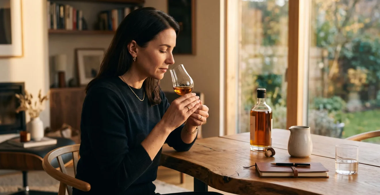 Vue rapprochée d'un verre tulipe en cristal contenant du whisky ambré sur une surface en bois contemporaine, éclairage naturel chaleureux.