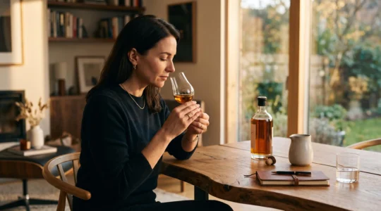 Vue rapprochée d'un verre tulipe en cristal contenant du whisky ambré sur une surface en bois contemporaine, éclairage naturel chaleureux.
