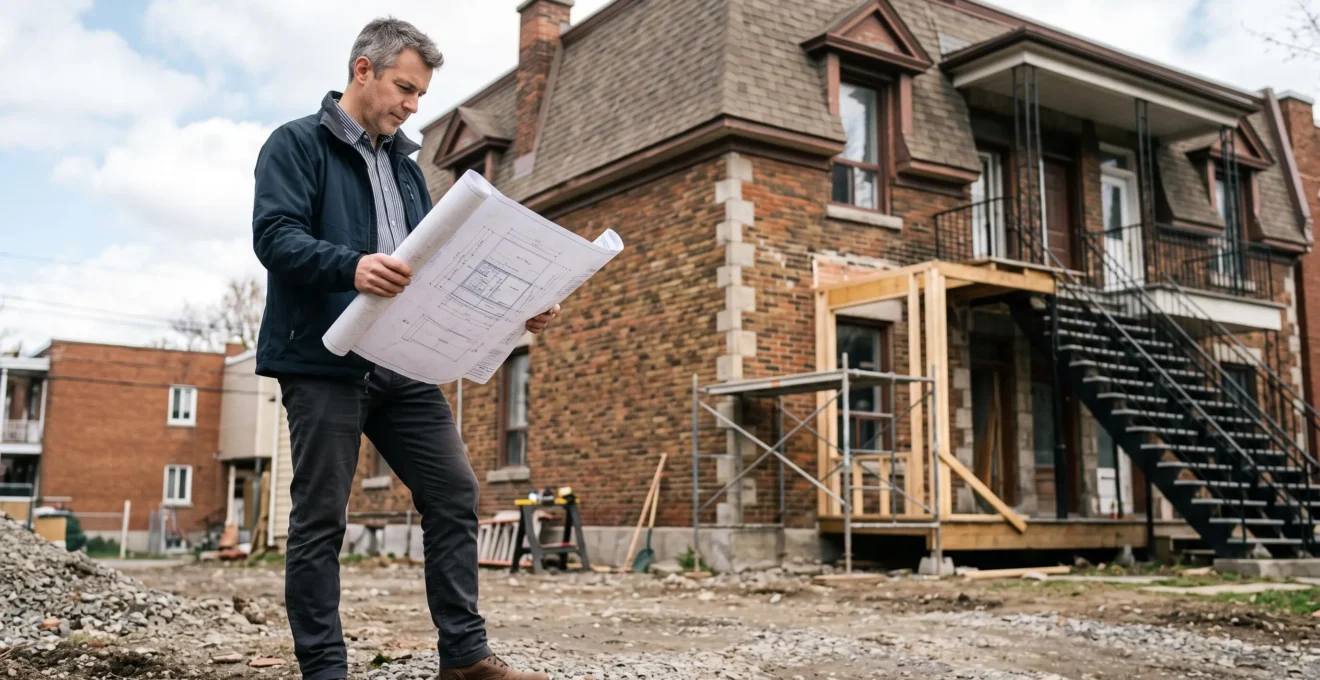 Architecte professionnel consultant des plans d'agrandissement devant une maison résidentielle typique de Montréal