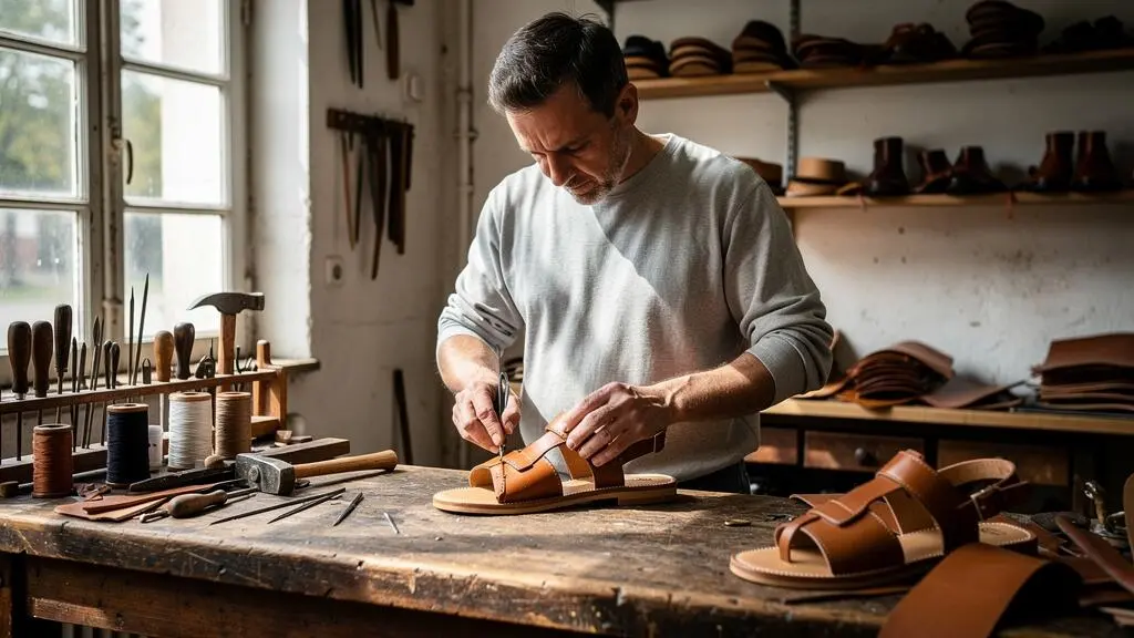 Artisan maroquinier français cousant à la main une sandale en cuir dans un atelier traditionnel