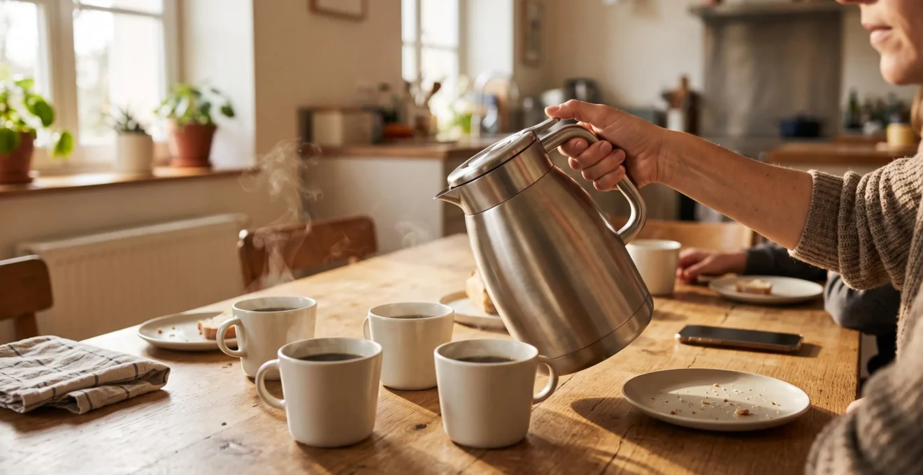 Cafetière isotherme de grande capacité entourée de plusieurs tasses servies sur une table de cuisine, avec une main tenant l'anse ergonomique