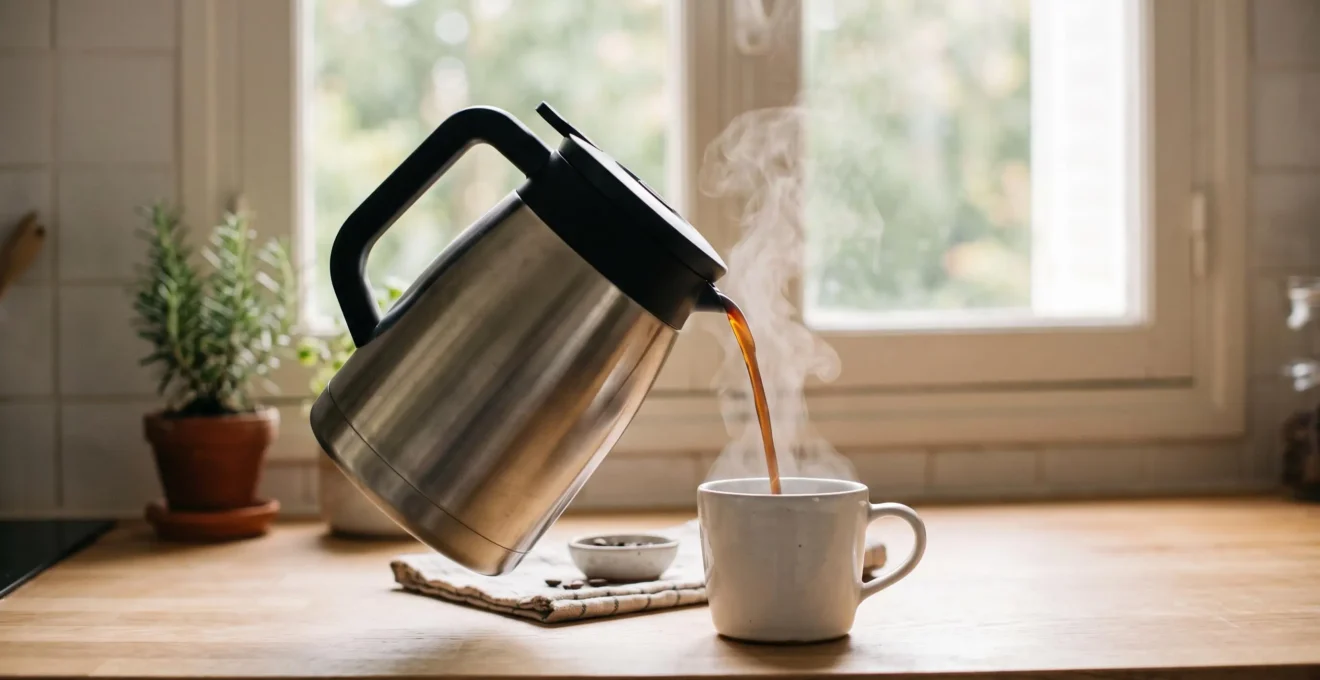 Cafetière isotherme en acier inoxydable versant du café fumant dans une tasse blanche sur un plan de travail de cuisine moderne