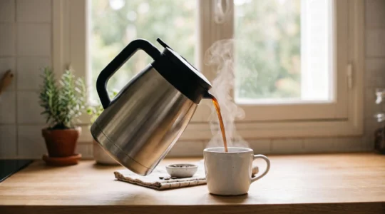 Cafetière isotherme en acier inoxydable versant du café fumant dans une tasse blanche sur un plan de travail de cuisine moderne