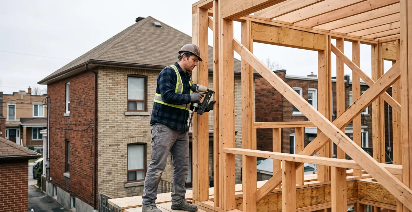 Entrepreneur installant la charpente en bois d'un agrandissement de maison résidentielle à Montréal sur un chantier actif