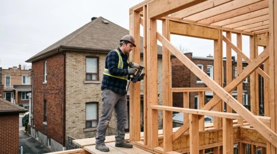 Entrepreneur installant la charpente en bois d'un agrandissement de maison résidentielle à Montréal sur un chantier actif