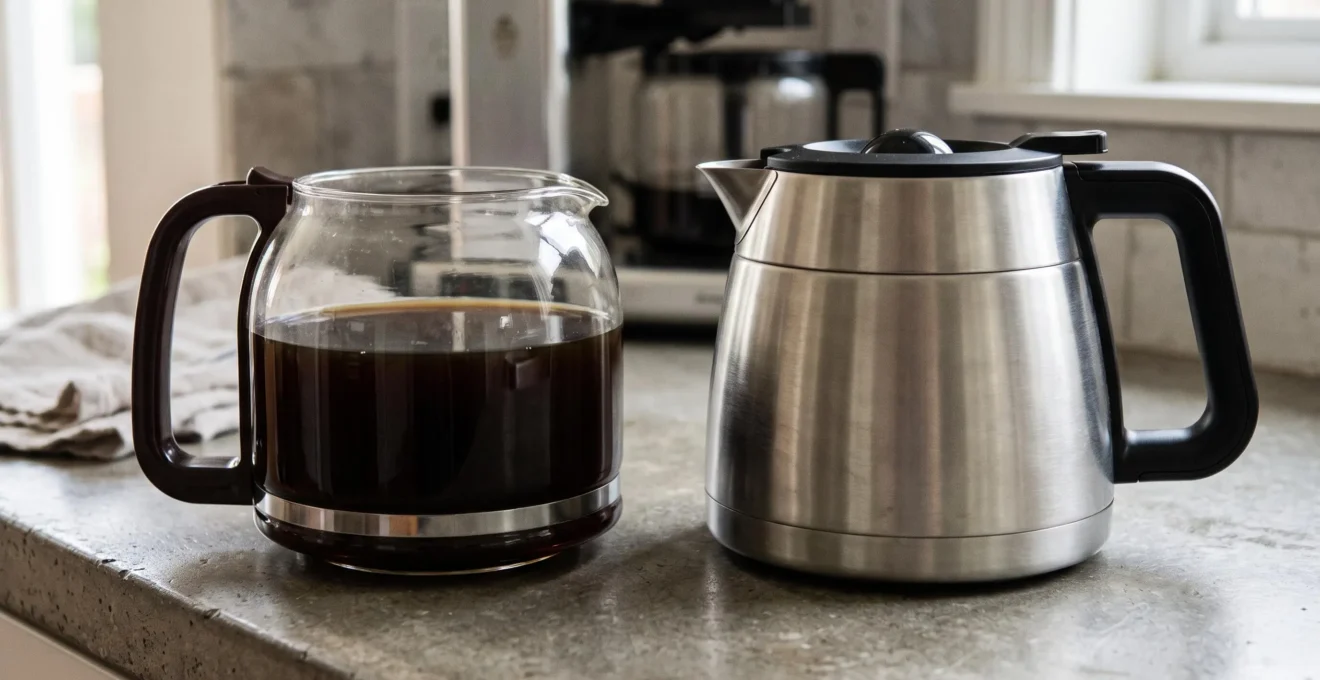 Comparaison côte à côte d'une verseuse en verre simple paroi et d'une verseuse isotherme en acier inoxydable à double paroi remplies de café