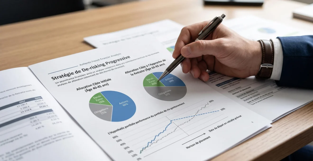 Gros plan sur des documents d'allocation d'actifs montrant la répartition d'un portefeuille PER avec graphiques et courbes de performance