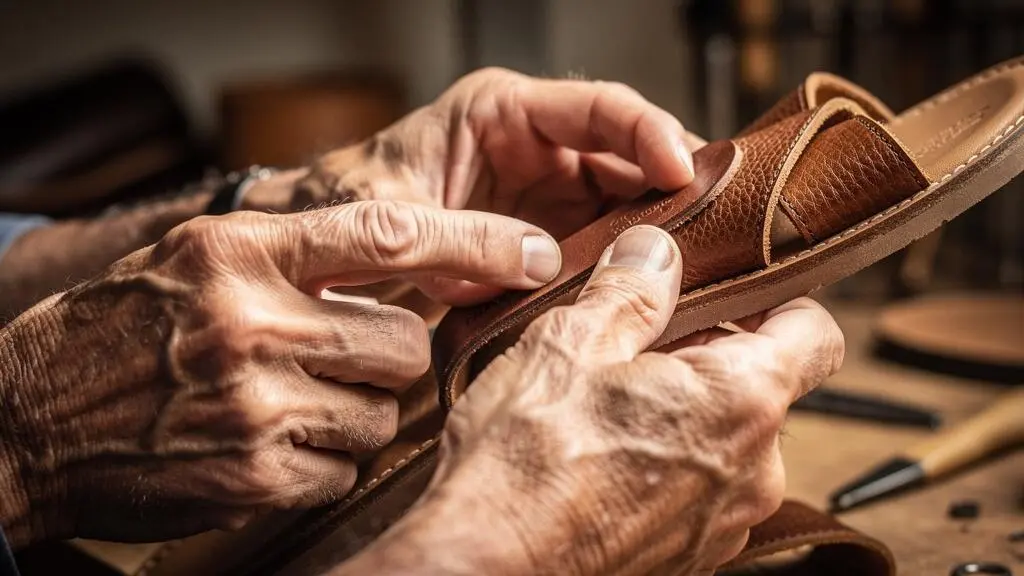 Mains d'artisan examinant la texture et la souplesse du cuir d'une sandale pour évaluer sa qualité