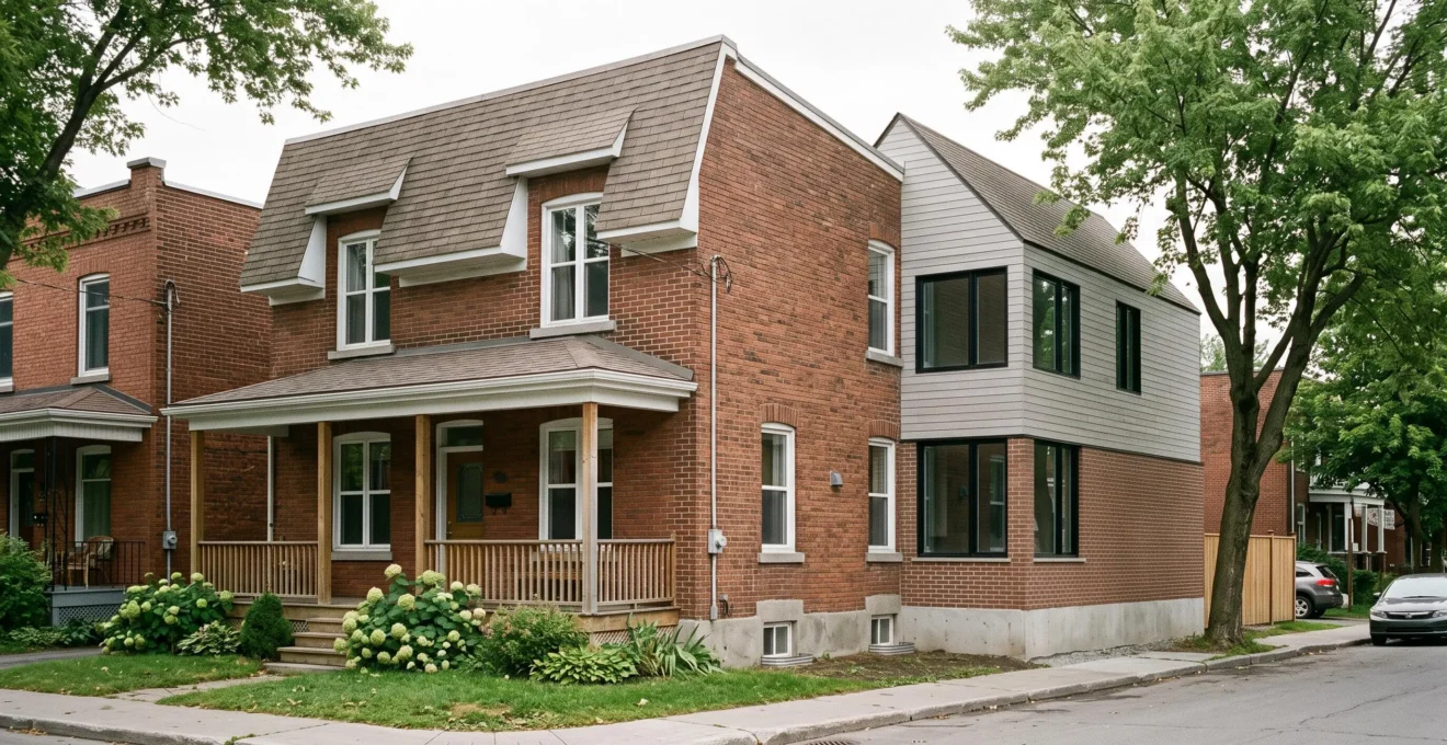 Extension latérale intégrée à une maison résidentielle en brique typique de Montréal montrant l'agrandissement achevé