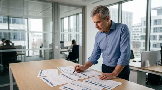 Gestionnaire de portefeuille senior debout analysant des rapports d'allocation d'actifs dans un bureau moderne de gestion d'actifs en France