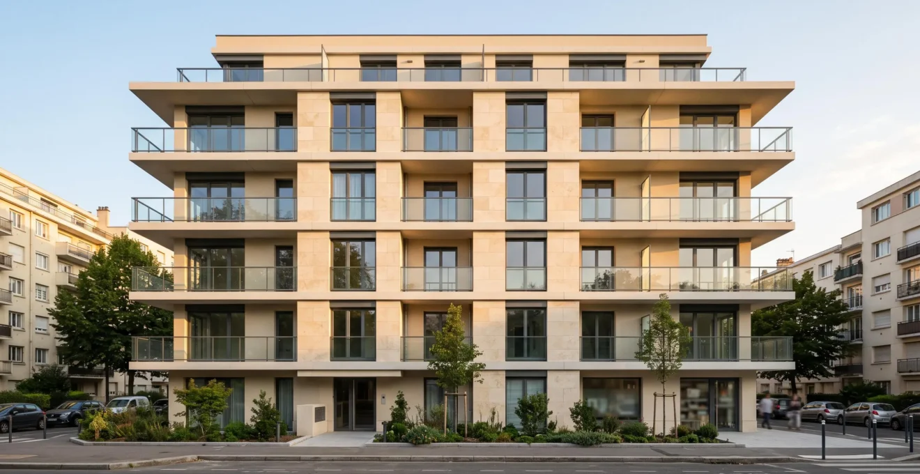 Façade d'un immeuble résidentiel moderne de qualité dans un quartier urbain français avec balcons et grandes fenêtres