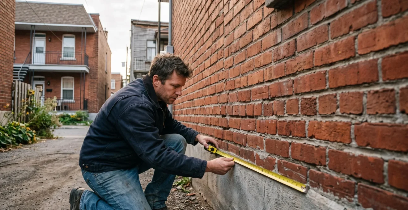 Inspecteur en bâtiment mesurant le mur extérieur d'une maison de Montréal avec un ruban à mesurer lors d'une évaluation pour agrandissement