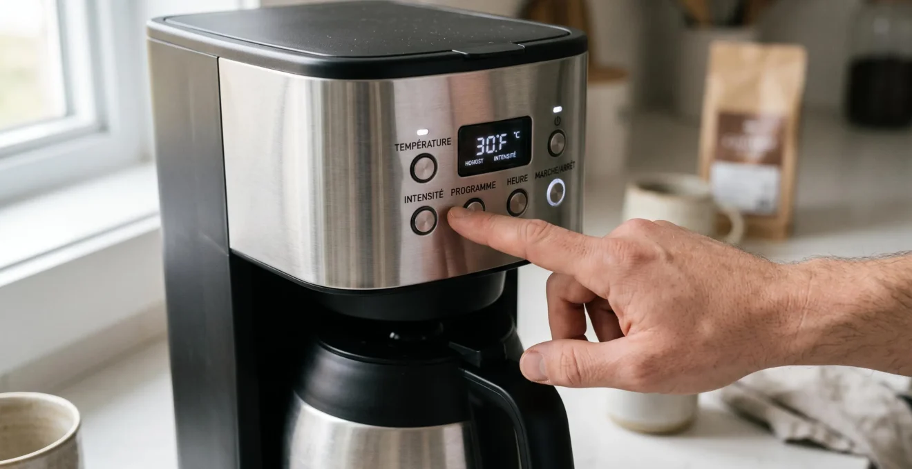 Main utilisant les commandes de réglage d'intensité et de température sur le panneau de contrôle d'une cafetière isotherme programmable
