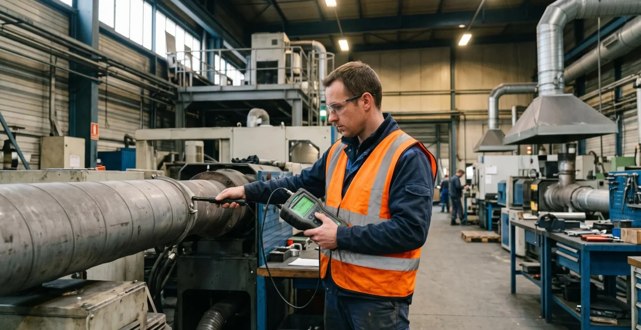 Auditeur carbone inspectant des équipements industriels avec un appareil de mesure dans une installation de production française