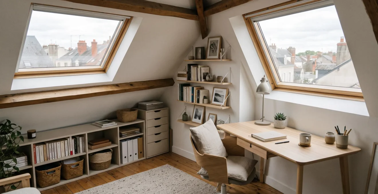 Bureau à domicile aménagé sous comble avec rangements bas sous la pente et bureau dans la zone haute éclairée par fenêtre de toit