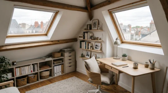 Bureau à domicile aménagé sous comble avec rangements bas sous la pente et bureau dans la zone haute éclairée par fenêtre de toit