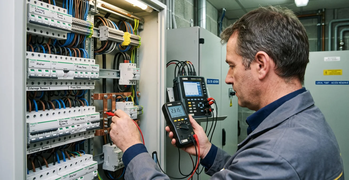 Consultant énergie mesurant la consommation électrique avec un analyseur de puissance sur un tableau de distribution dans un local technique
