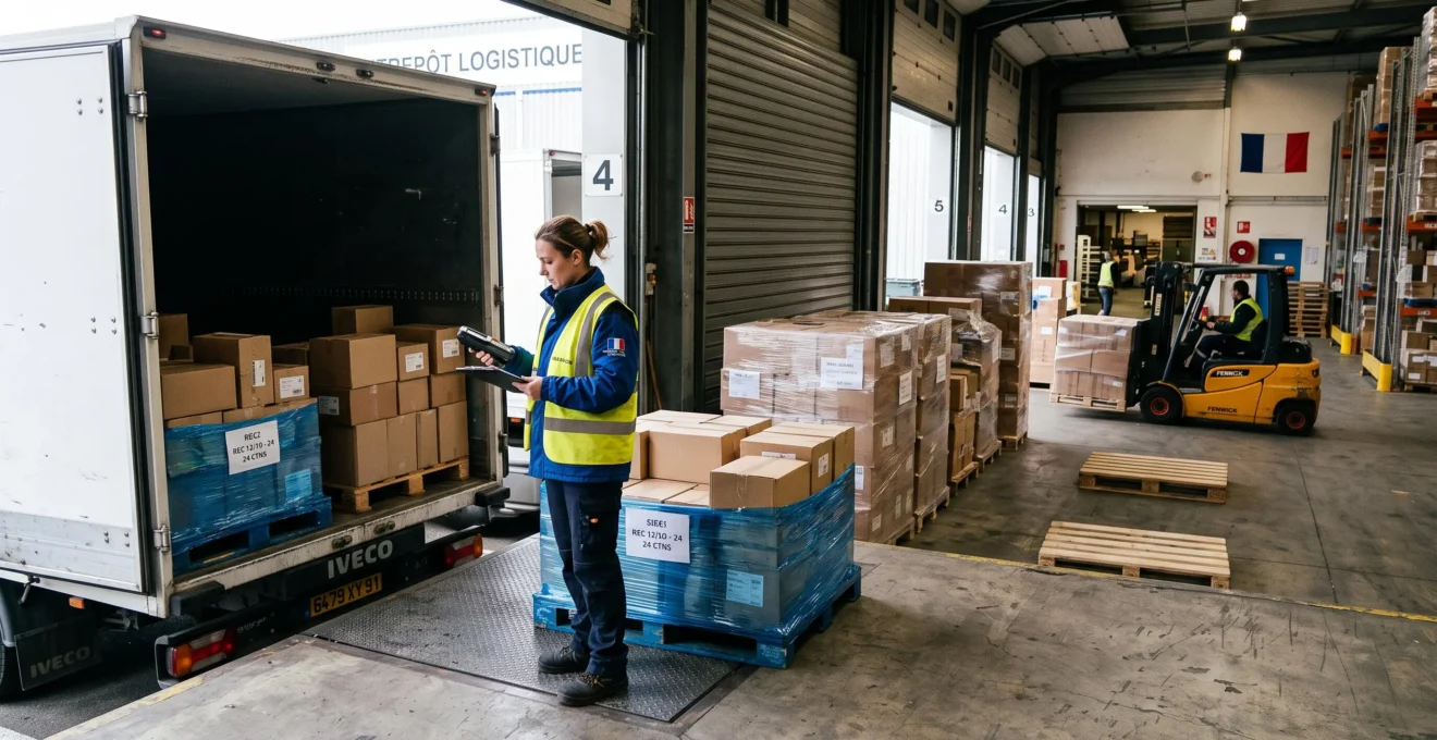 Coordinateur logistique vérifiant une livraison de marchandises sur le quai de réception d'un entrepôt d'entreprise français