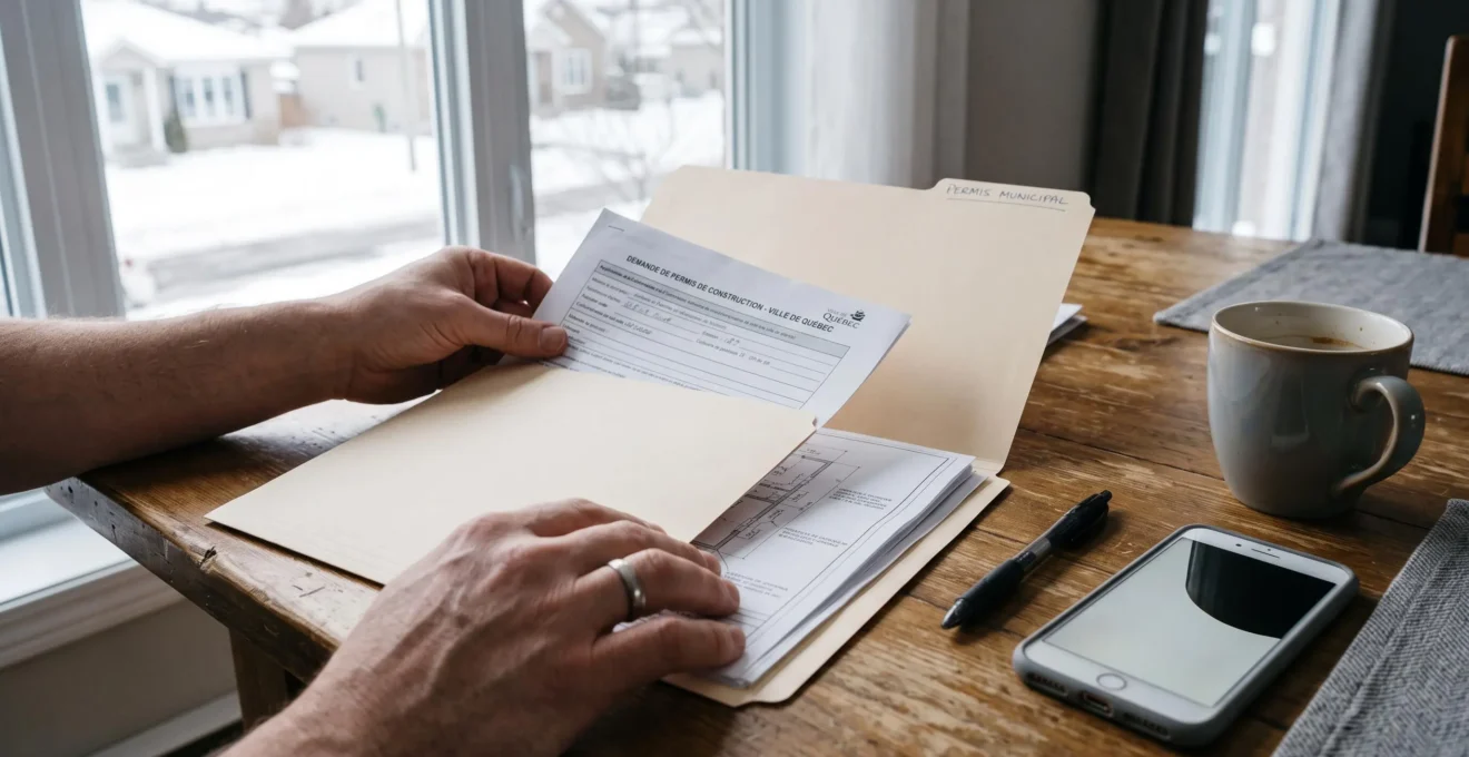 Des mains glissent une demande de permis de rénovation et un plan dans un dossier sur une table de cuisine.