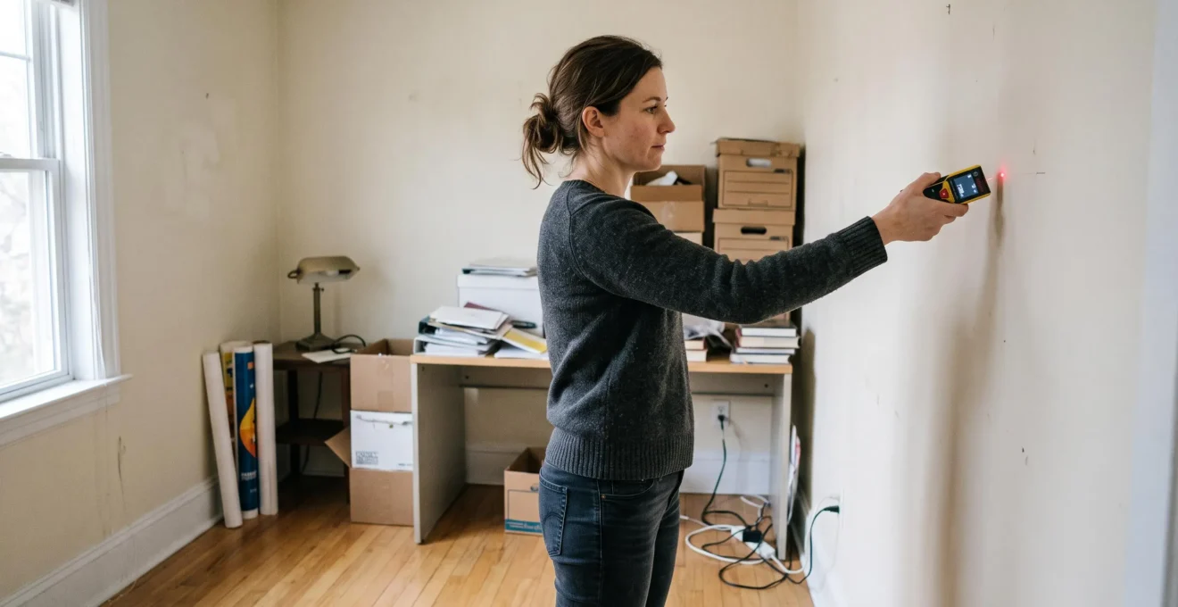 Personne mesurant les dimensions d'un espace de bureau à domicile avec un appareil de mesure laser
