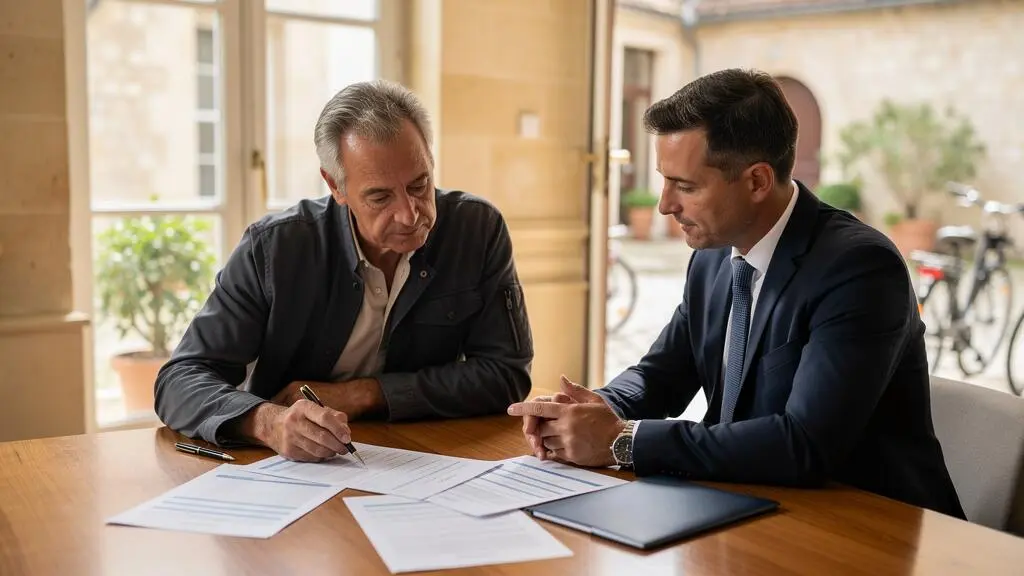 Un dirigeant d'entreprise et un conseiller examinent ensemble des documents relatifs à la transmission de l'entreprise, dans un bureau lumineux.