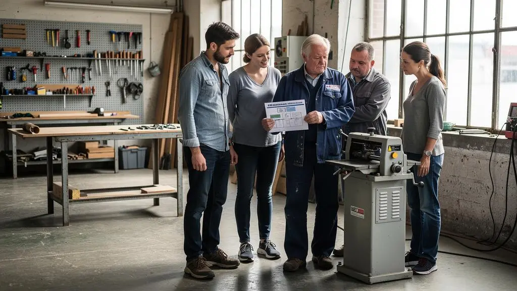 Un dirigeant présente un organigramme de l'entreprise à trois salariés réunis dans un atelier de production.