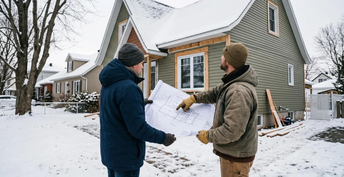 Un entrepreneur et un propriétaire examinent des plans de rénovation devant une maison en travaux sous la neige à Trois-Rivières.