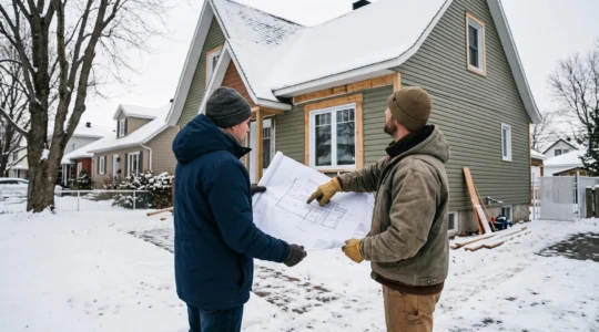 Un entrepreneur et un propriétaire examinent des plans de rénovation devant une maison en travaux sous la neige à Trois-Rivières.