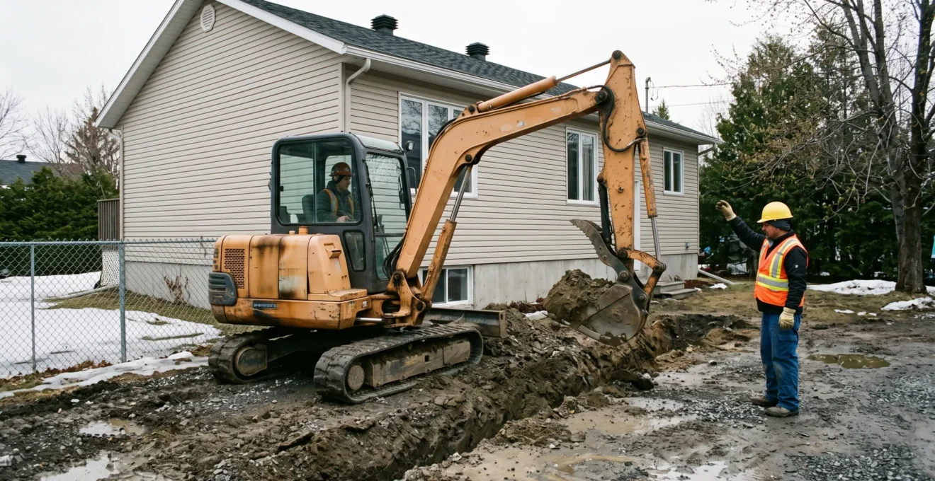 Une mini-pelle creuse une tranchée de fondation près d'une maison québécoise au sol partiellement dégelé, sous la supervision d'un travailleur.