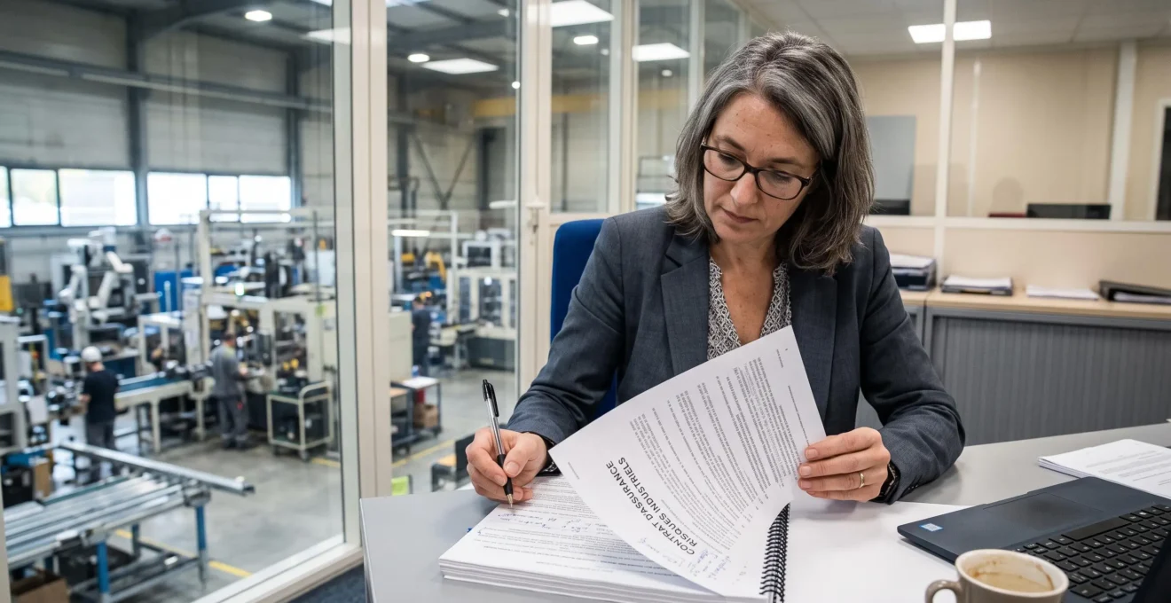 Expert en assurance professionnelle analysant un contrat multirisque dans un bureau situé au sein d'une installation industrielle