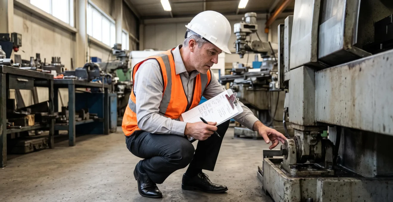 Expert en sinistres industriels inspectant de près des équipements de production dans un atelier de fabrication