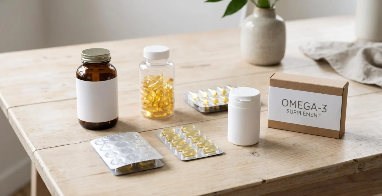 Différents formats de compléments alimentaires oméga-3 disposés sur une surface en bois clair, incluant flacons et blisters