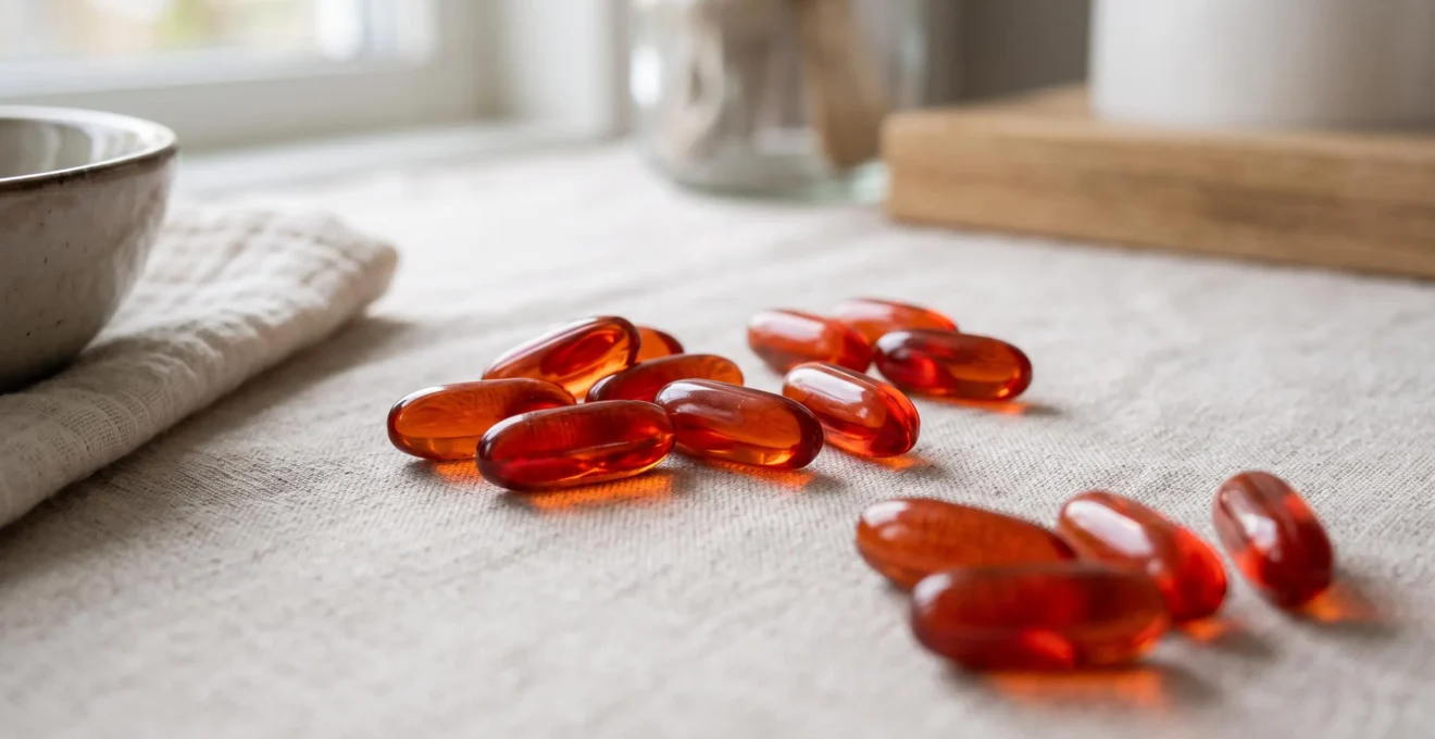 Gélules translucides rouge-orangé d'huile de krill disposées sur une surface neutre claire