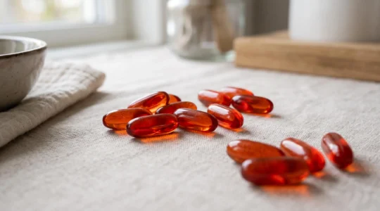 Gélules translucides rouge-orangé d'huile de krill disposées sur une surface neutre claire