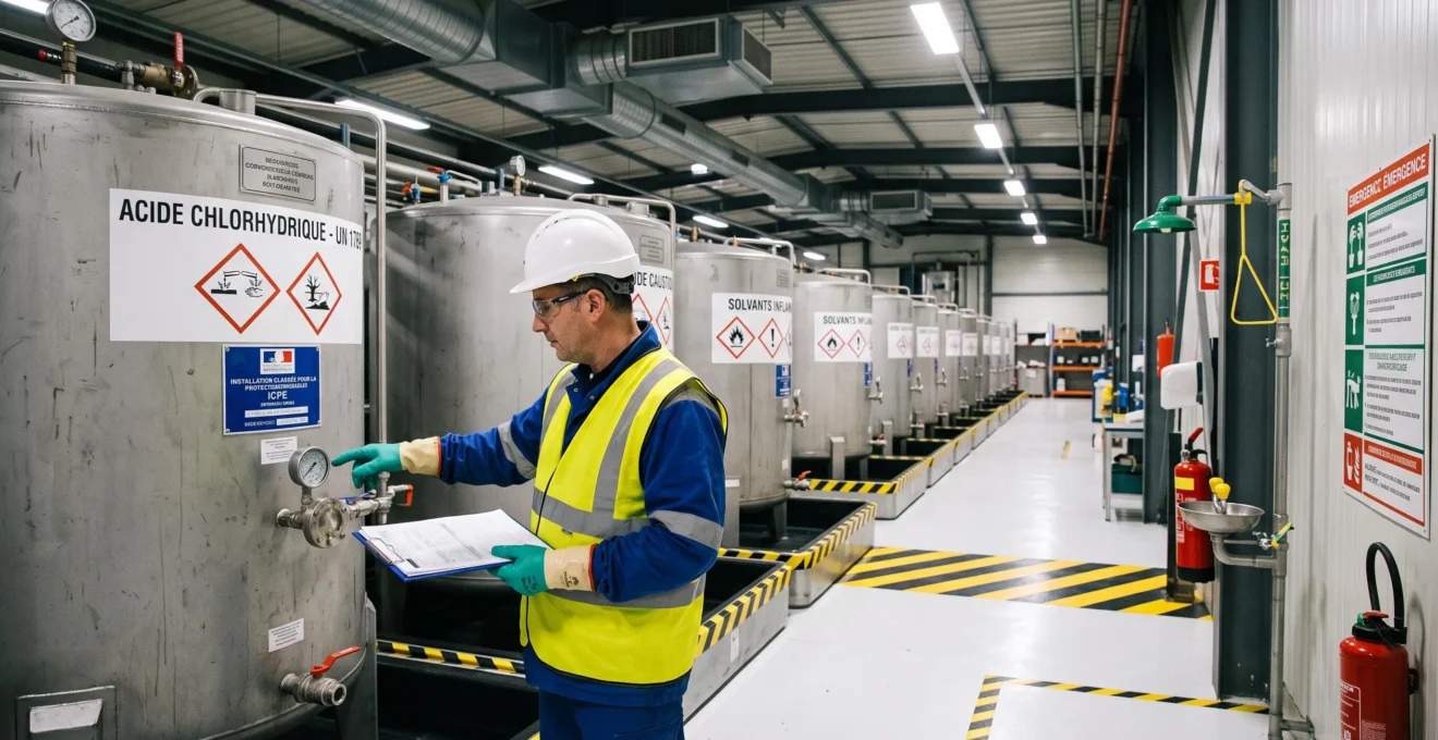 Technicien de sécurité inspectant une zone de stockage de produits chimiques classée ICPE dans une installation industrielle française