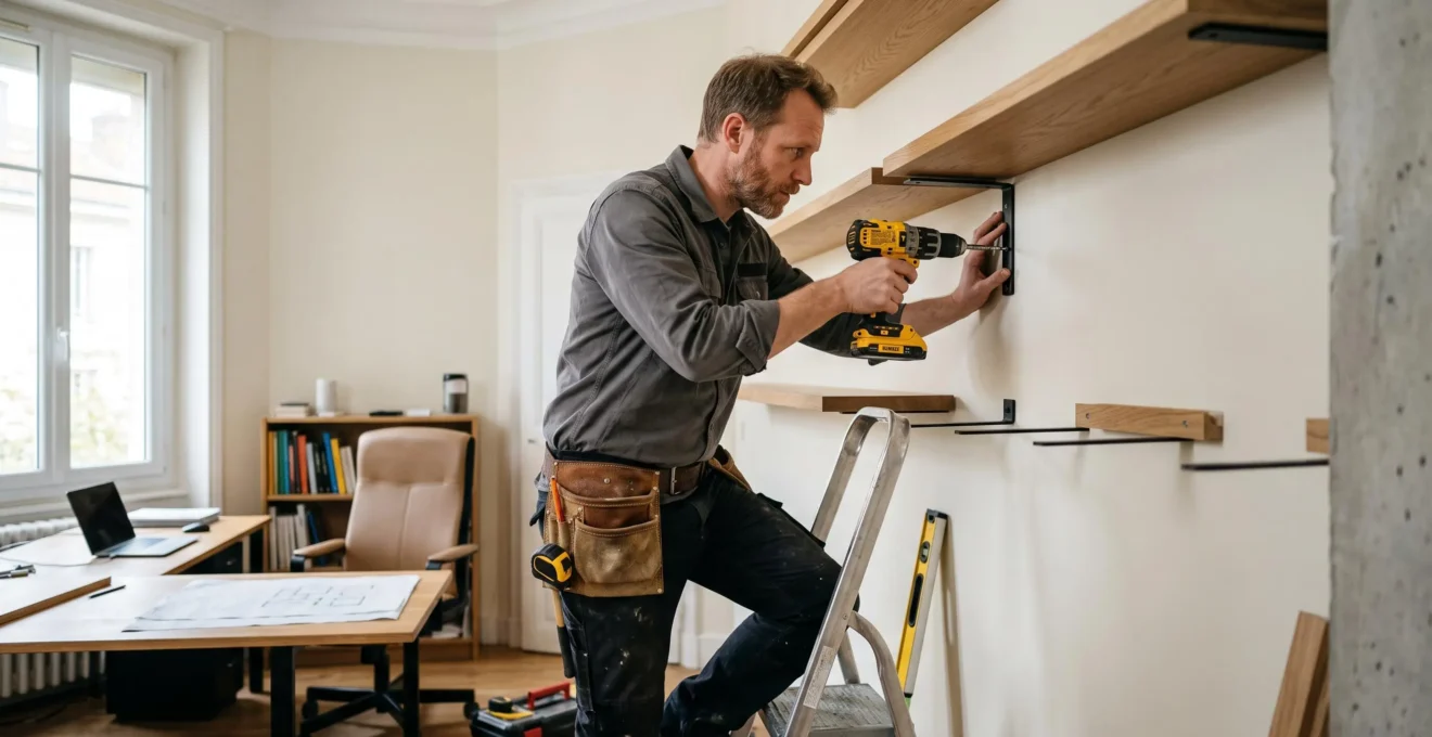 Artisan menuisier installant des étagères murales sur mesure dans un bureau à domicile en utilisant une perceuse sans fil