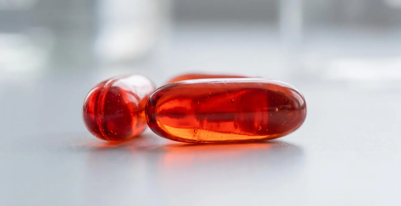 Gros plan macro sur des capsules d'huile de krill montrant la translucidité de la coque de gélatine et l'huile à l'intérieur