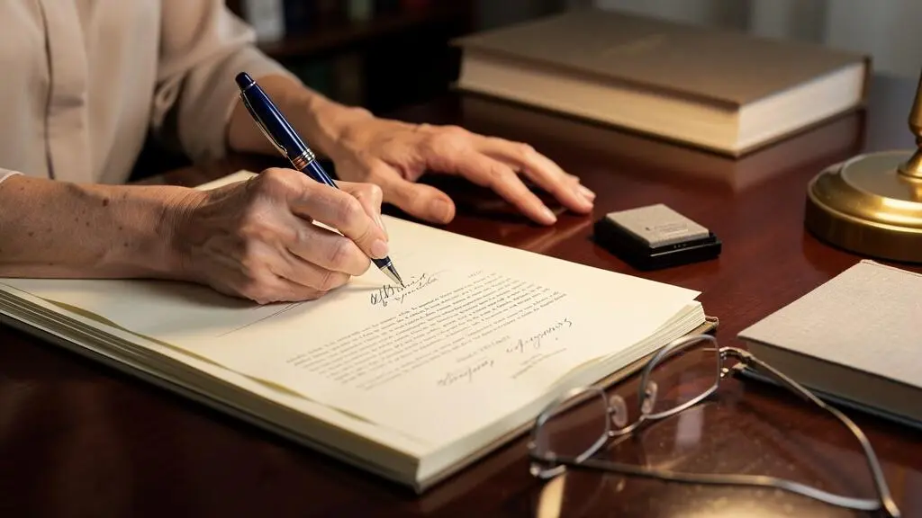 Une notaire annote un acte juridique à son bureau, entourée de dossiers et d'instruments de travail.