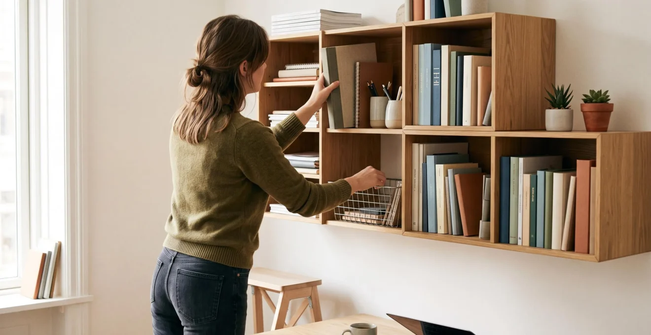 Personne rangeant des fournitures de bureau dans un système d'étagères modulaires murales avec multiples compartiments