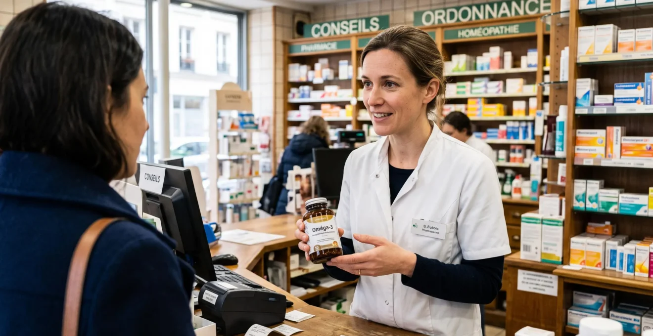 Pharmacien en blouse blanche présentant un flacon de compléments oméga-3 à un client dans une pharmacie française