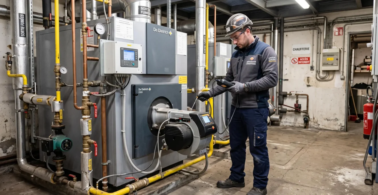 Technicien de maintenance inspectant une chaudière industrielle à gaz avec un appareil de diagnostic dans une chaufferie d'entreprise