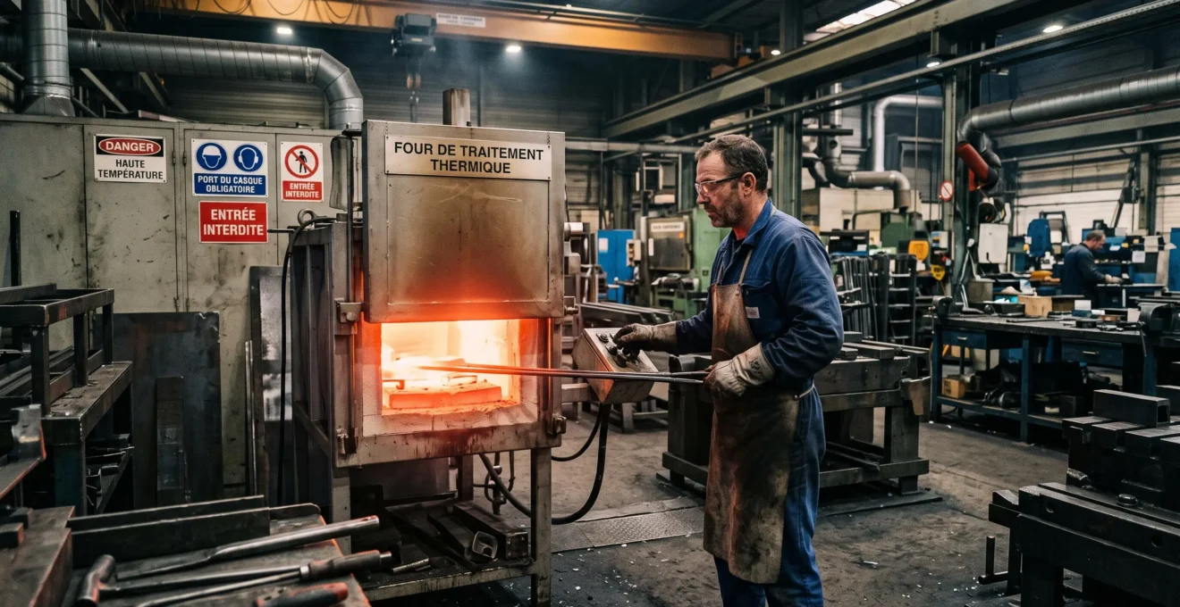 Ouvrier métallurgiste contrôlant un équipement de traitement thermique à haute température dans un atelier industriel français