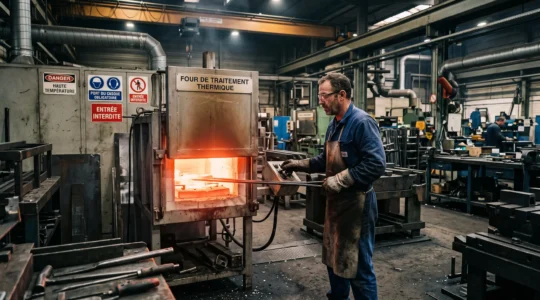 Ouvrier métallurgiste contrôlant un équipement de traitement thermique à haute température dans un atelier industriel français