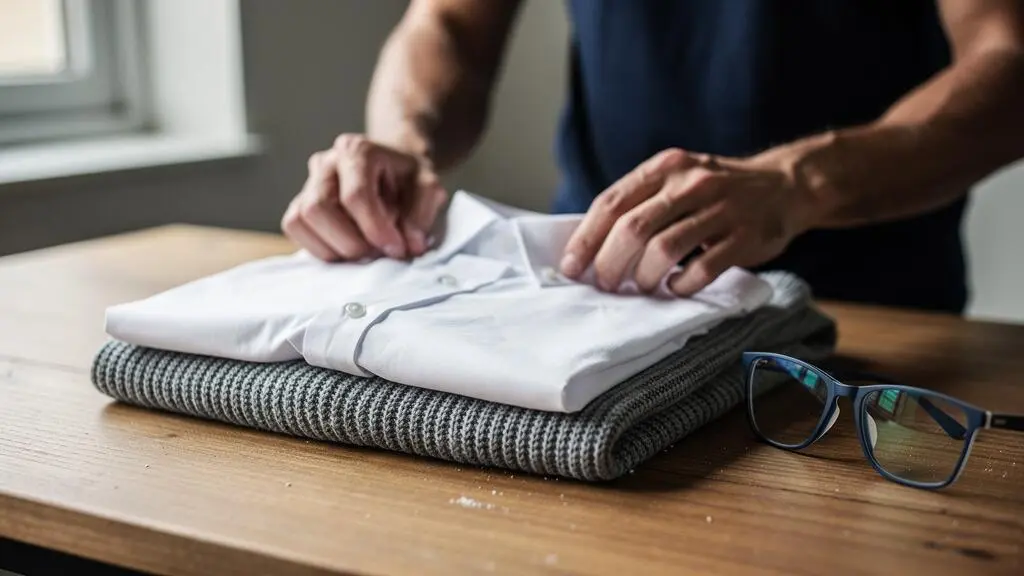 Des mains plient une chemise blanche et un pull gris près de lunettes bleues.